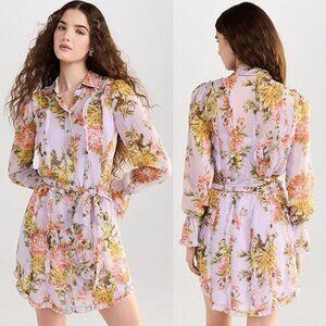 NWT Cinq A Sept Faded Chrysanthemum Estelle Chiffon Floral Mini Dress Lilac